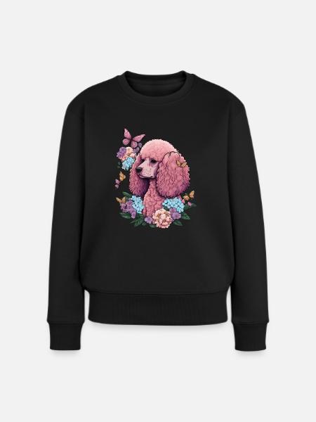 Rosa Pudel mit Blumen, Schmetterlingen, Retro Stil - Frauen Premium Bio Pullover - Schwarz