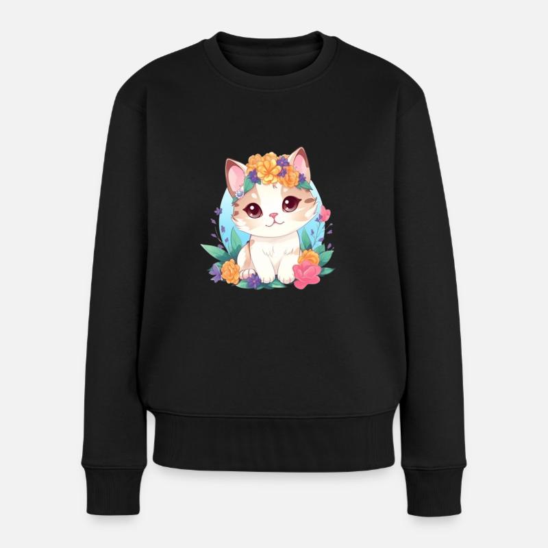 niedliche katze mit blumen - Frauen Premium Bio Pullover - Schwarz