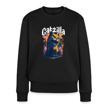 Catzilla Unleashed Funny Cartoon-Style Feline - Frauen Premium Bio Pullover - Schwarz - Vorne - Julia (174cm)