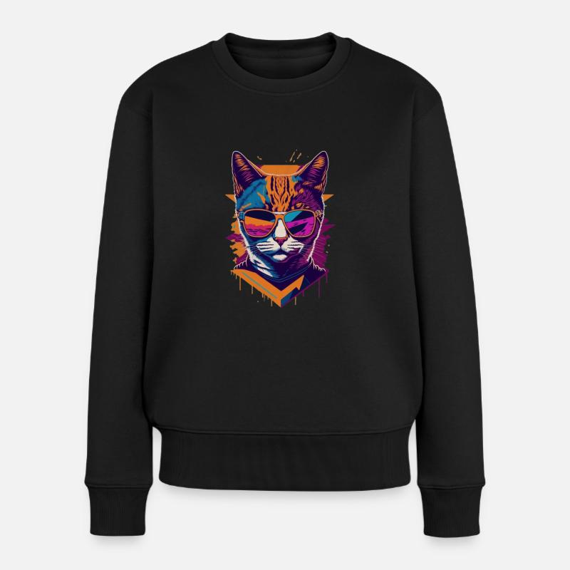 Retro Cool Cat: Vintage Vibes and Feline Flair - Frauen Premium Bio Pullover - Schwarz