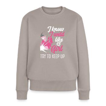 Je transpire comme une fille - Pull Premium bio Femme - taupe - Devant - Julia (174cm)