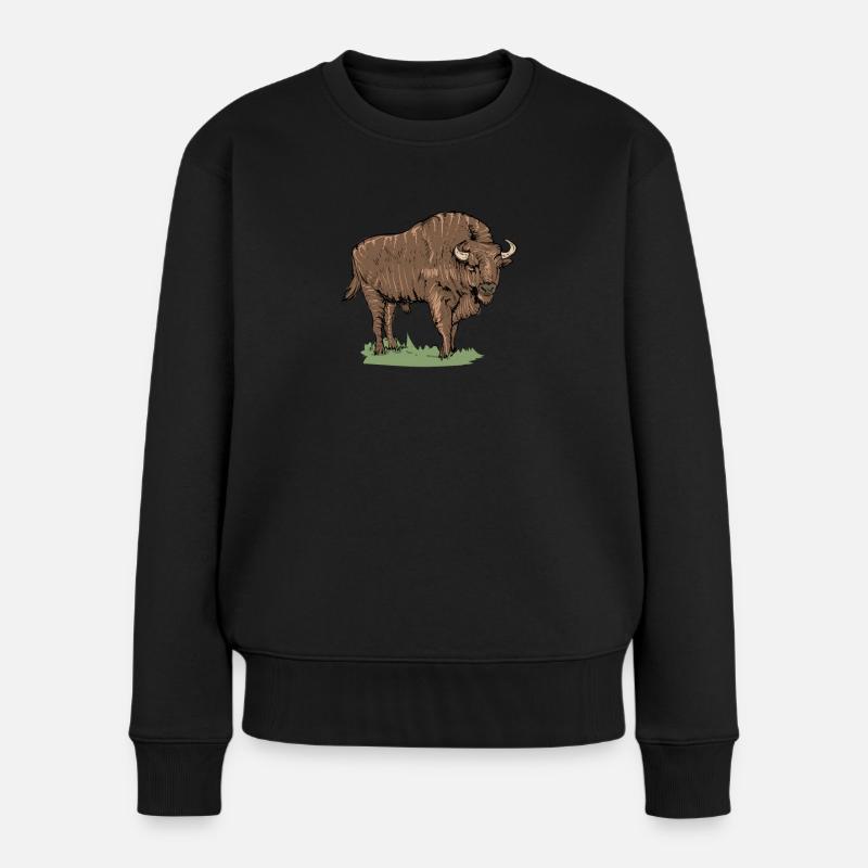 Wisent I Bison Wildrind Motiv mit Büffel und Kalb - Frauen Premium Bio Pullover - Schwarz