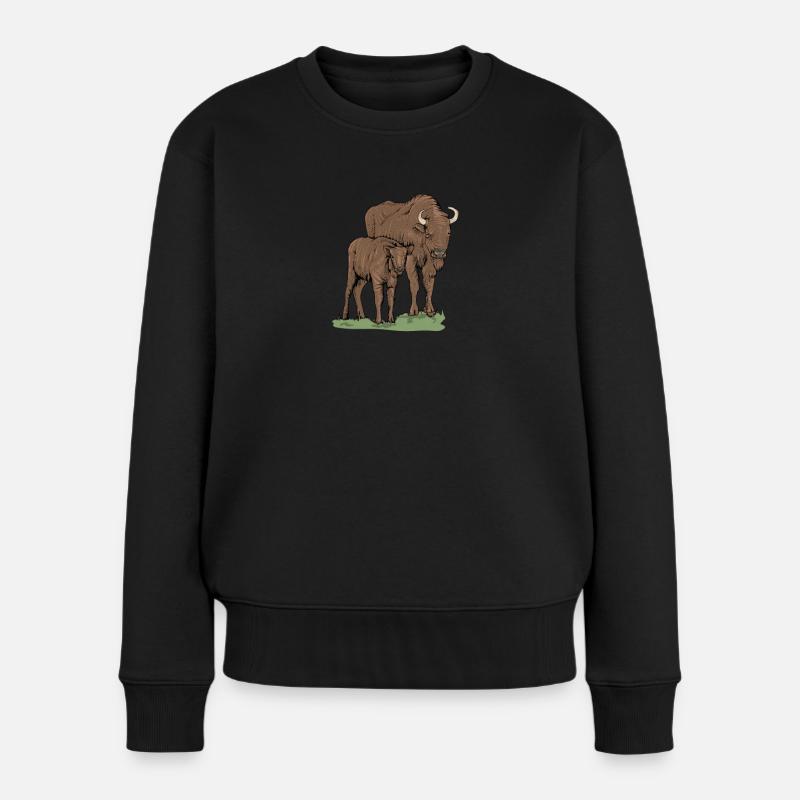 Wisent I Bison Wildrind Motiv mit Büffel und Kalb - Frauen Premium Bio Pullover - Schwarz