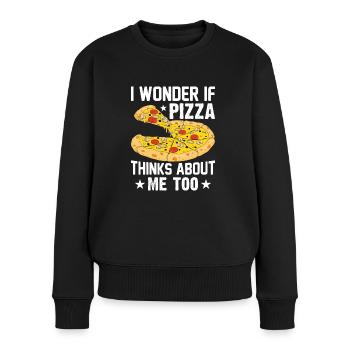 Pizza Il suffit de penser à la tranche de pizza au fromage - Pull Premium bio Femme - noir - Devant - Julia (174cm)