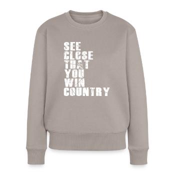 Dicton: Denglish - Veillez à ce que vous gagniez des terres - Pull Premium bio Femme - taupe - Devant - Julia (174cm)