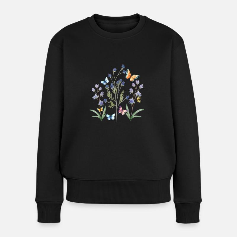 bunte Blumenwiese mit Schmetterlingen - Frauen Premium Bio Pullover - Schwarz