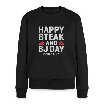 D’abord le steak, puis les bulles, le jour parfait, le rêve de l’homme - Pull Premium bio Femme - noir - Devant - Julia (174cm)