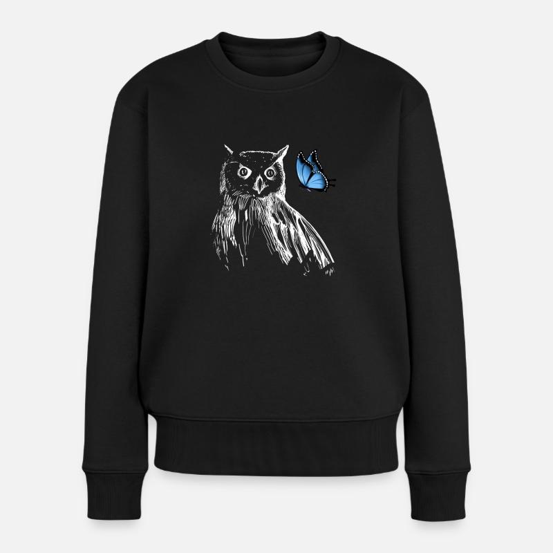 Eule mit Schmetterling - Frauen Premium Bio Pullover - Schwarz