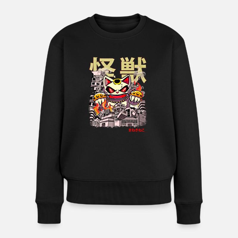 Kaiju Maneki Neko Japanischer Anime Monster Glücks - Frauen Premium Bio Pullover - Schwarz