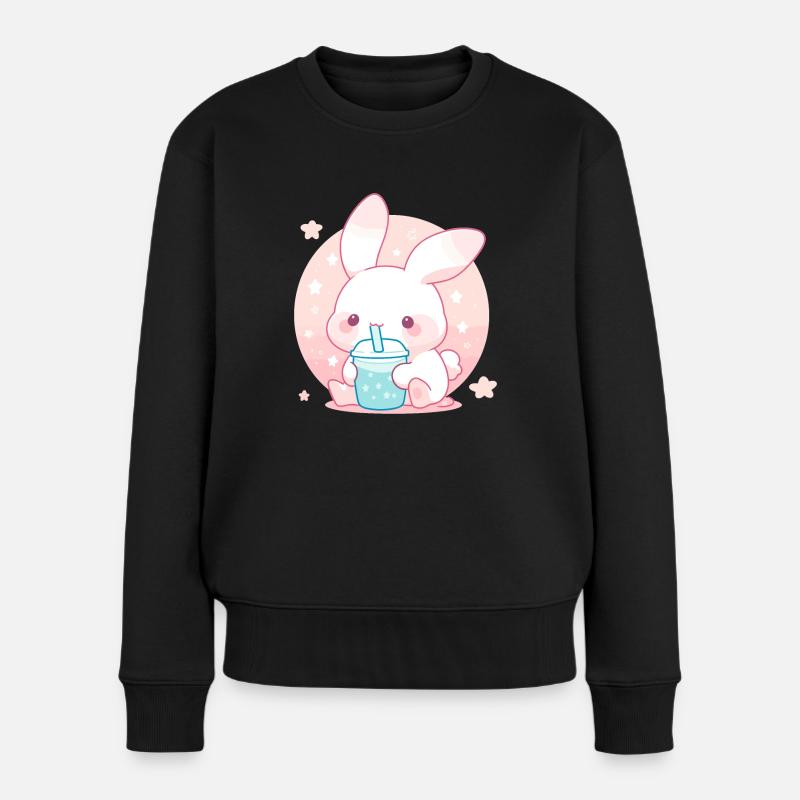Kawaii Hase trinkt Boba Bubble Tea Chibi - Frauen Premium Bio Pullover - Schwarz