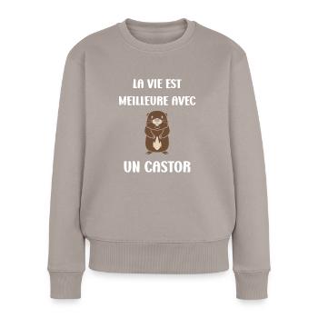Humour petit castor - Pull Premium bio Femme - taupe - Devant - Julia (174cm)