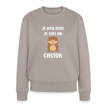 Humour petit castor - Pull Premium bio Femme - taupe - Devant - Julia (174cm)
