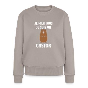 Humour petit castor - Pull Premium bio Femme - taupe - Devant - Julia (174cm)