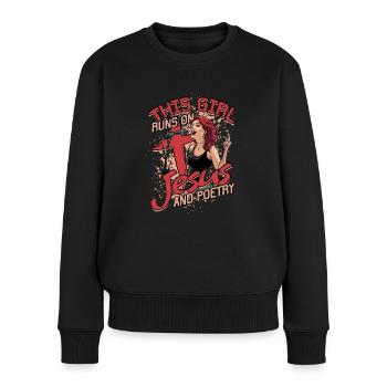 Slam de poésie Cette fille court sur jésus et la poésie - Pull Premium bio Femme - noir - Devant - Julia (174cm)