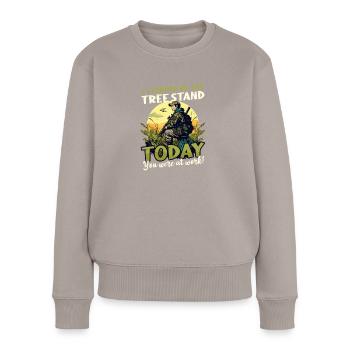 Jäger an Baumstand angehalten - Frauen Premium Bio Pullover - Taupe - Vorne - Julia (174cm)