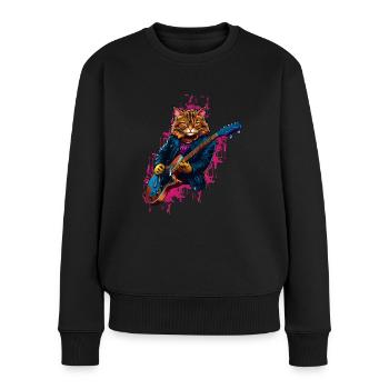 Rocker Cat spielt Gitarreninstrumente - Frauen Premium Bio Pullover - Schwarz - Vorne - Julia (174cm)