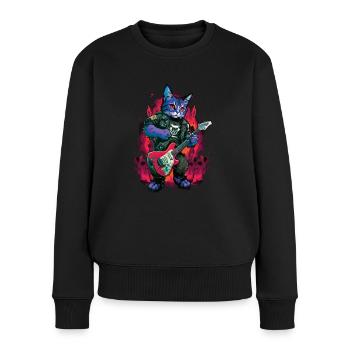 Rocker Cat spielt Gitarreninstrumente - Frauen Premium Bio Pullover - Schwarz - Vorne - Julia (174cm)