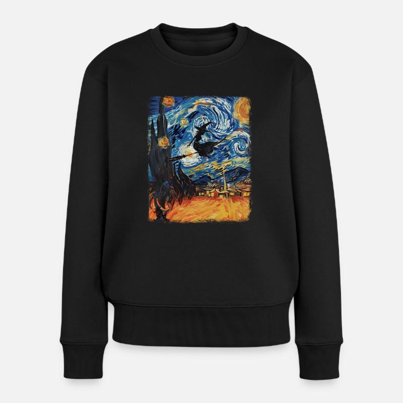 Hexe Halloween Hexen Okkultes Sternennacht Gemälde - Frauen Premium Bio Pullover - Schwarz