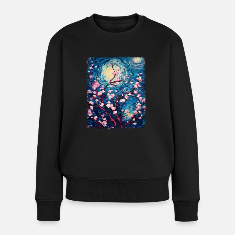 Kirschblüten Japanische Blume Sternennacht Gemälde - Frauen Premium Bio Pullover - Schwarz