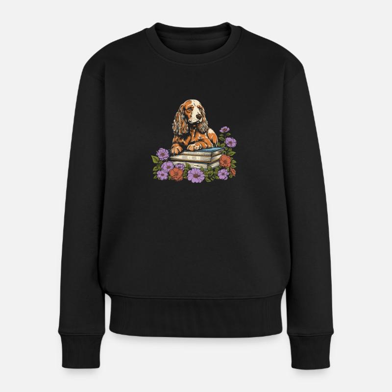Cocker Spaniel Blumenbuchleser - Frauen Premium Bio Pullover - Schwarz