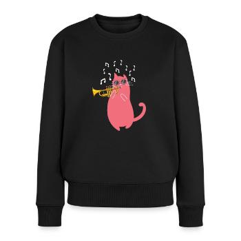 Katze mit Sonnenbrille spielt Trompete - Frauen Premium Bio Pullover - Schwarz - Vorne - Julia (174cm)