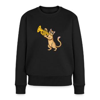 Coole Katze mit Sonnenbrille spielt Trompete - Frauen Premium Bio Pullover - Schwarz - Vorne - Julia (174cm)