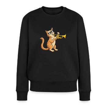 lustige Katze mit Sonnenbrille spielt Trompete - Frauen Premium Bio Pullover - Schwarz - Vorne - Julia (174cm)