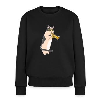Katze mit Sonnenbrille spielt Trompete - Frauen Premium Bio Pullover - Schwarz - Vorne - Julia (174cm)