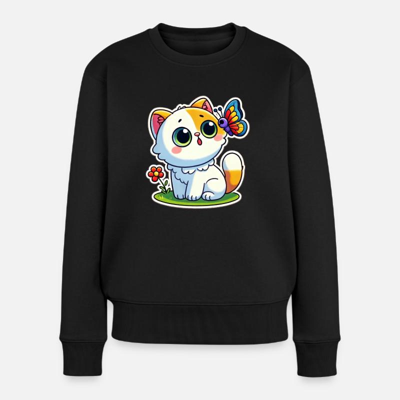 Un chat mignon est surpris de voir un papillon - Pull Premium bio Femme - noir