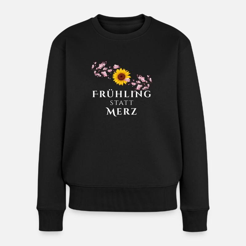 Frühling statt Merz Sonnenblume Kirschzweige - Frauen Premium Bio Pullover - Schwarz