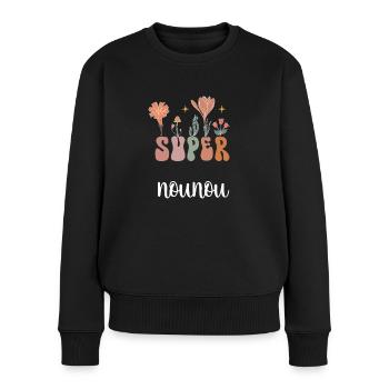 super nounou boho bohème fleurs cadeau nounou - Pull Premium bio Femme - noir - Devant - Julia (174cm)