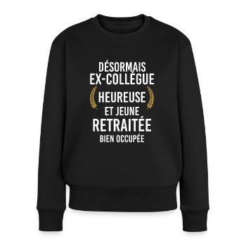 Collègue cadeau Drôle Femme Retraitée Heureuse - Pull Premium bio Femme - noir - Devant - Julia (174cm)