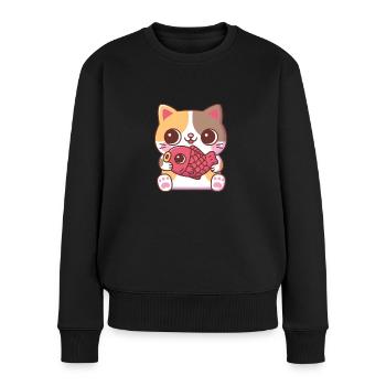 Niedliche Katze mit rotem Karpfenfisch - Frauen Premium Bio Pullover - Schwarz - Vorne - Julia (174cm)