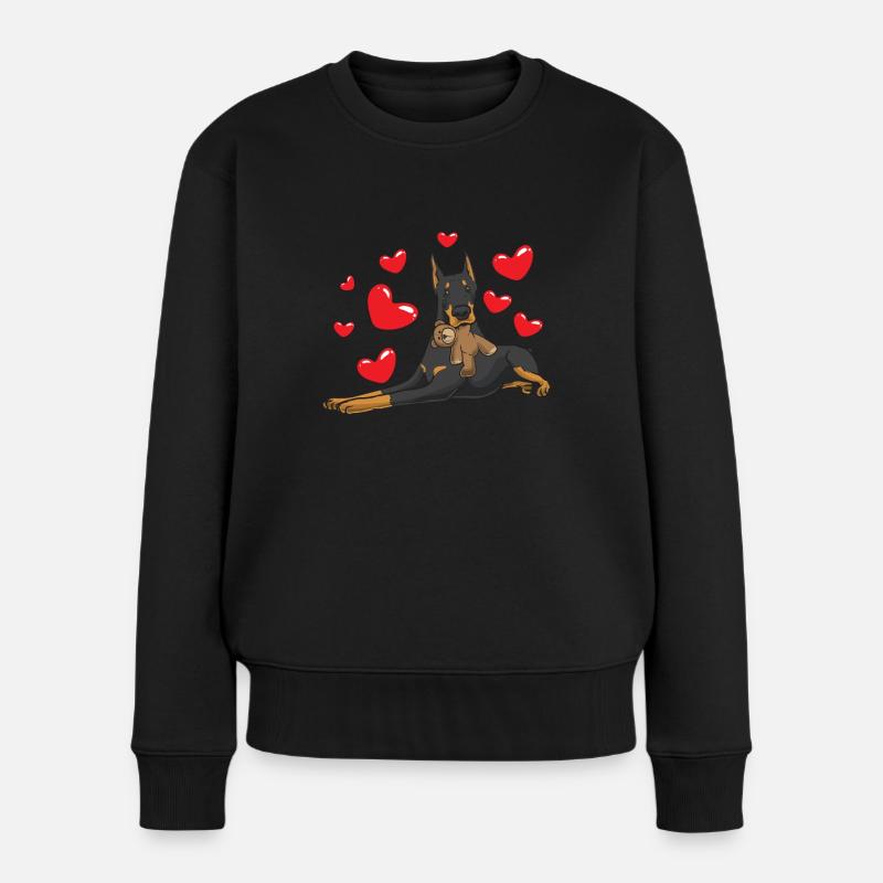 Dobermann mit Kuscheltier - Frauen Premium Bio Pullover - Schwarz