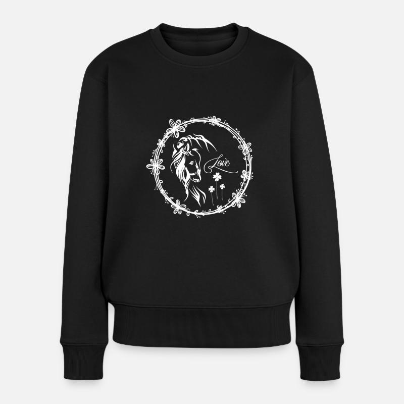 Pferd mit Blumen - Frauen Premium Bio Pullover - Schwarz
