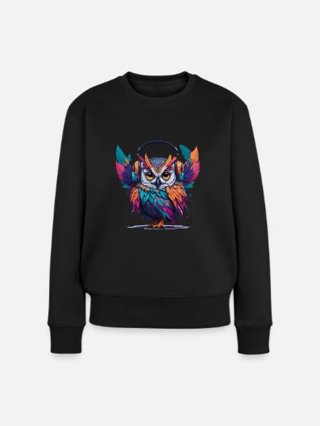 Kopfhörer Eule - Frauen Premium Bio Pullover - Schwarz