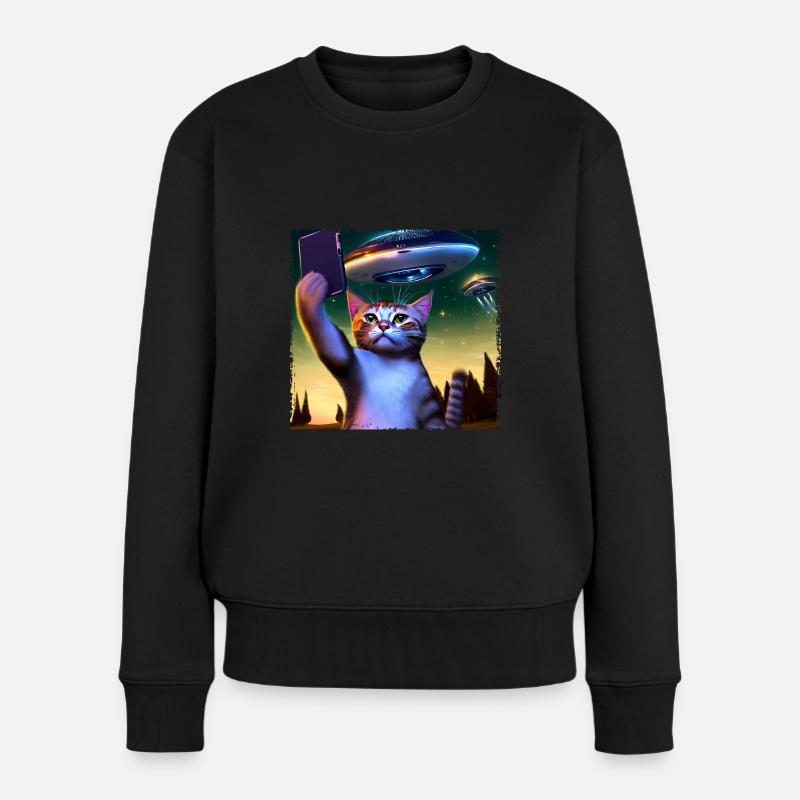 Katzen-Selfie mit UFO - Frauen Premium Bio Pullover - Schwarz