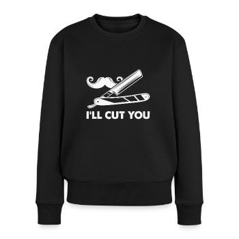 Coiffeur de barbier Je veux te couper les cheveux - Pull Premium bio Femme - noir - Devant - Julia (174cm)