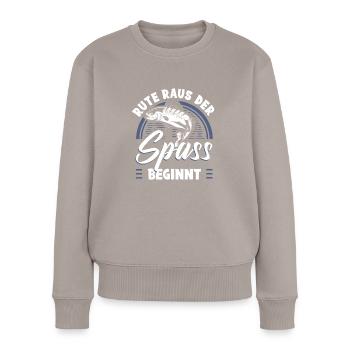 Rute Raus Der Spaß Beginnt Angler - Frauen Premium Bio Pullover - Taupe - Vorne - Julia (174cm)
