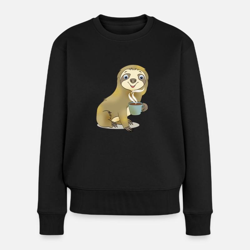Faultier mit Kaffee Geschenk Cartoon Kawaii - Frauen Premium Bio Pullover - Schwarz