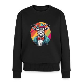 Ziege mit Sakko, Schleife und buntem Hut - Frauen Premium Bio Pullover - Schwarz - Vorne - Julia (174cm)