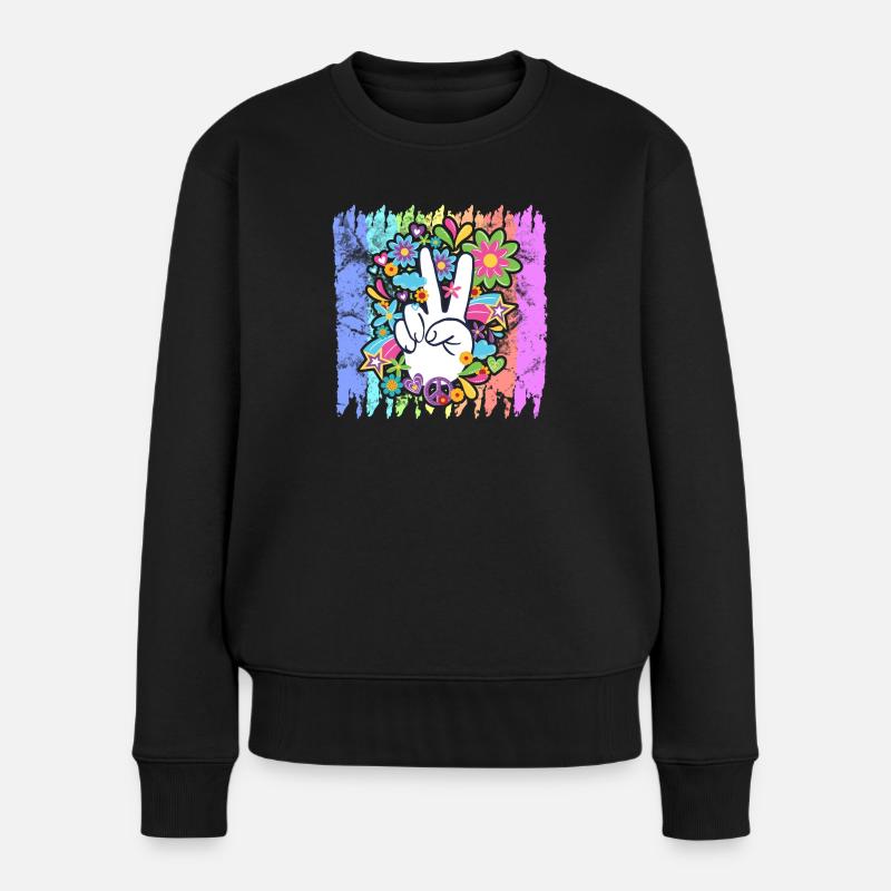 Hippie Peace Regenbogen | Hippies 60er Geschenke - Frauen Premium Bio Pullover - Schwarz