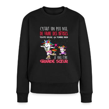 Grande sœur licorne et sa petite sœur - Pull Premium bio Femme - noir - Devant - Julia (174cm)