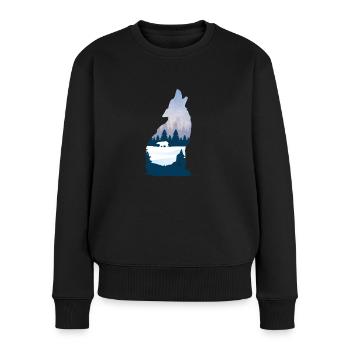 Loup hurlant en silhouette d'hiver avec forêt de conifères - Pull Premium bio Femme - noir - Devant - Julia (174cm)