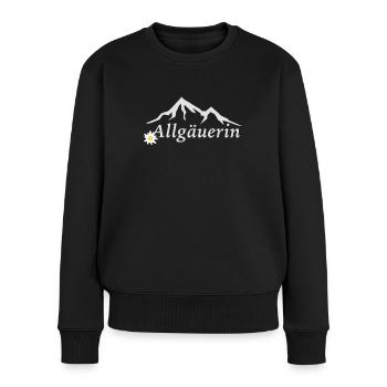 Allgäuerin mit Bergen und Edelweiss Design - Frauen Premium Bio Pullover - Schwarz - Vorne - Julia (174cm)