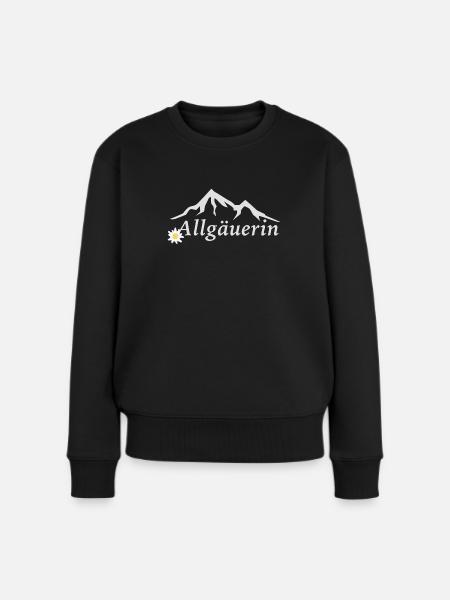 Allgäuerin mit Bergen und Edelweiss Design - Frauen Premium Bio Pullover - Schwarz
