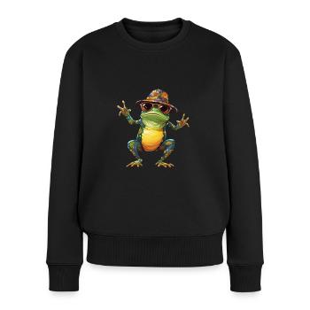 cooler tanzender Frosch mit Hut und Sonnenbrille - Frauen Premium Bio Pullover - Schwarz - Vorne - Julia (174cm)