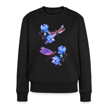 Dragonflies flying between blue flowers - Women's Premium Organic Jumper - black - Front - Julia (174cm)