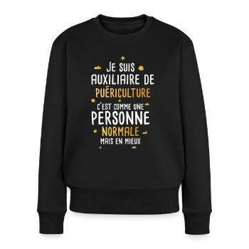 Auxiliaire de puériculture humour cadeau drôle - Pull Premium bio Femme - noir - Devant - Julia (174cm)