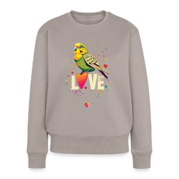L’amour des perruches : un cœur pour les perruches - Pull Premium bio Femme - taupe - Devant - Julia (174cm)